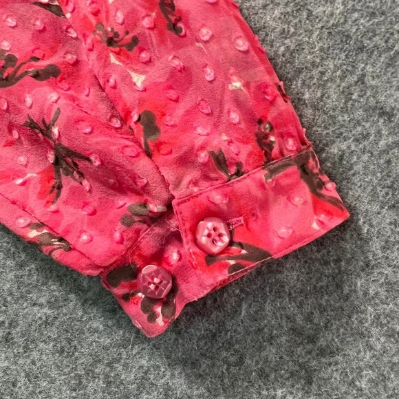 Sigrid Olsen Pink Silk Floral Sheer Ruffle Front Button Down Shirt Blouse Size L - Picture 6 of 7